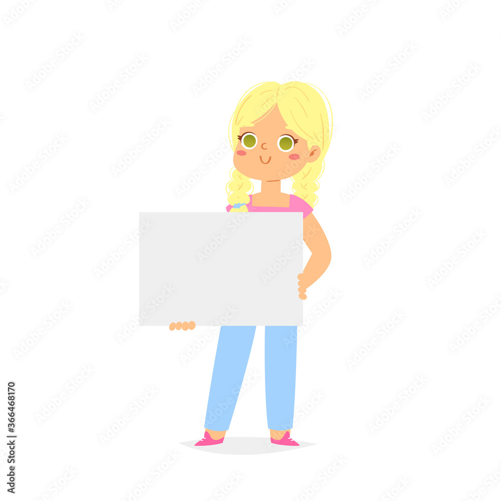 Happy European smiling girl is holding empty blank board. Cartoon pretty little kid with poster, template ready for your message with space for text. Funny cartoon character. Vector illustration Happy European smiling girl is holding empty blank board. Cartoon pretty little kid with poster, template ready for your message with space for text. Funny cartoon character. Vector illustration