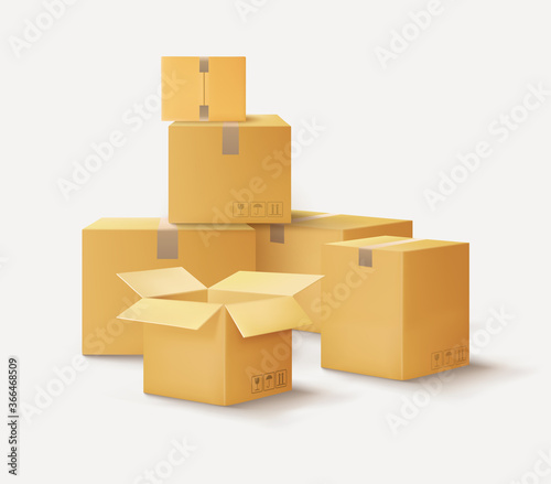 Opened and closed boxes on a white background, unpacking. Vector illustration © Olesia