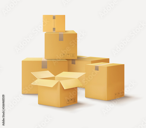 Opened and closed boxes on a white background, unpacking. Vector illustration