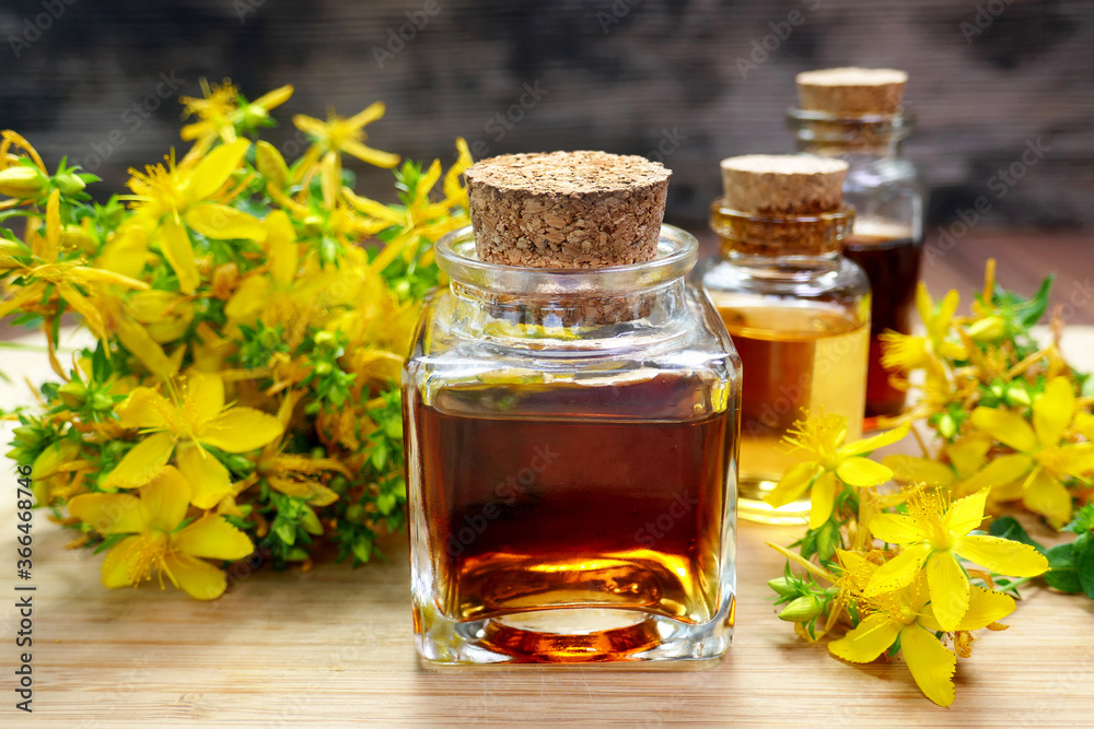 Bottle with St. John's wort extract on the wooden table Bottle with St. John's wort extract on the wooden table