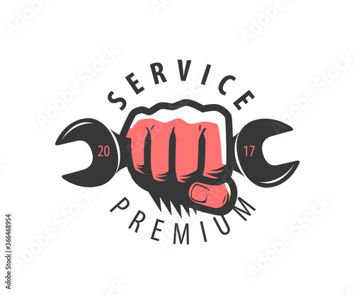 Wrench in hand logo or symbol. Repair, maintenance, service concept