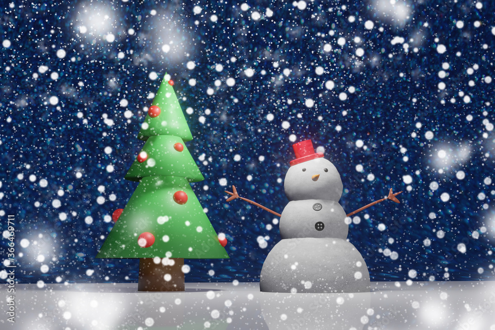 Falling snow on a snowman and christmas tree in the night 