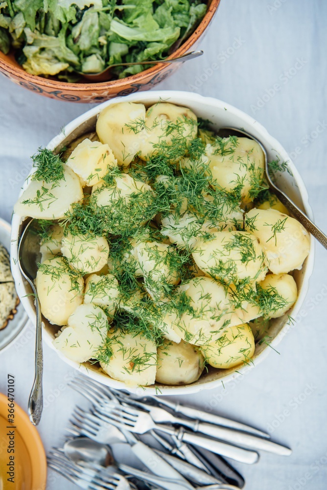 Dish with Potatoes and Dill Garnish, Latvian Midsummer Meal, Dish with Potatoes and Dill Garnish, Latvian Midsummer Meal,