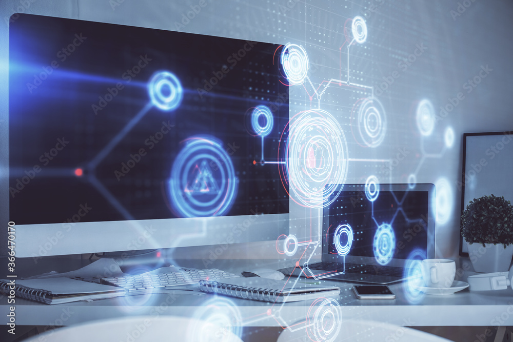 Fototapeta premium Technology theme drawing and work space with computer. Multi exposure. Concept of innovation.