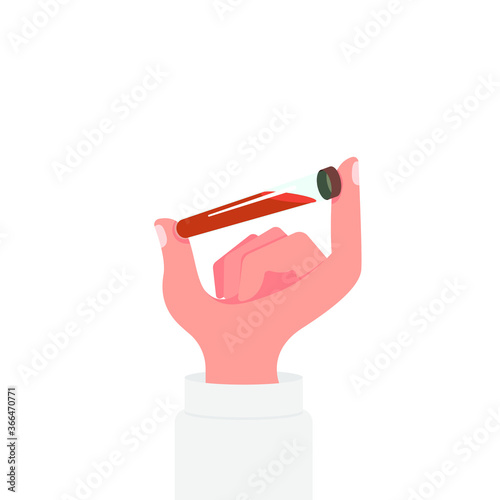 Hand holds a test tube with a blood test. Vector illustration, flat cartoon color design, isolated on white background, eps 10.