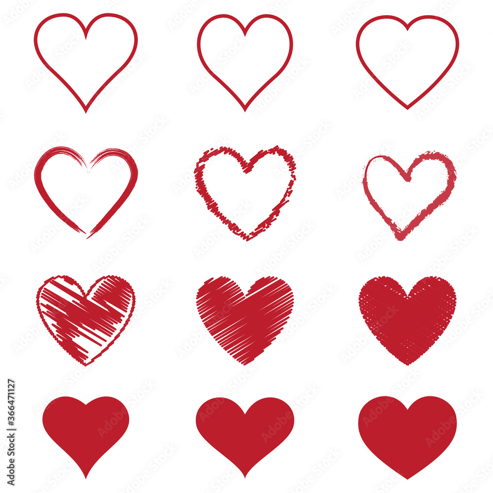 Red heart vector. Hand drawn love icon isolated. Collection of heart icon hand drawn vector for love logo, heart symbol, doodle icon, greeting card and Valentine's day. Painted grunge vector shape
