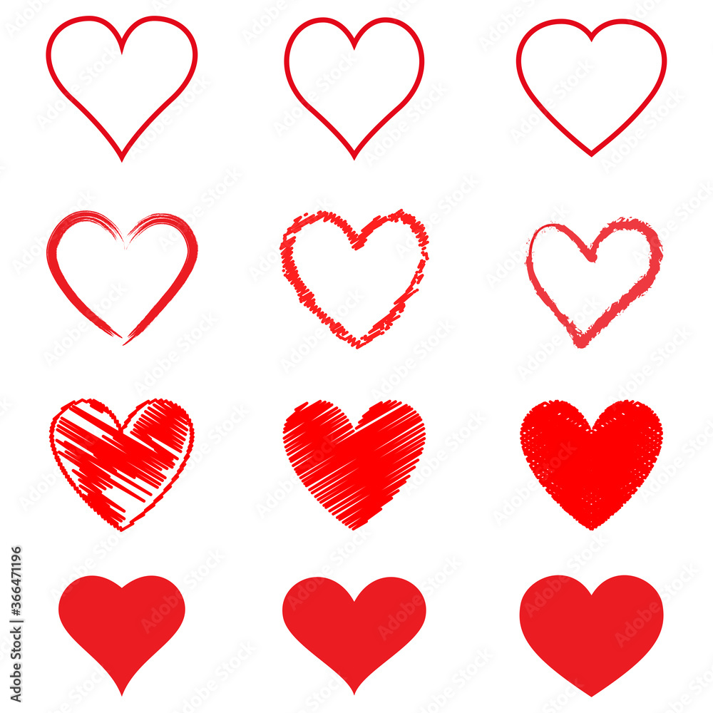 Red heart vector. Hand drawn love icon isolated. Collection of heart icon hand drawn vector for love logo, heart symbol, doodle icon, greeting card and Valentine's day. Painted grunge vector shape Red heart vector. Hand drawn love icon isolated. Collection of heart icon hand drawn vector for love logo, heart symbol, doodle icon, greeting card and Valentine's day. Painted grunge vector shape