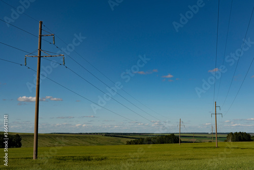 Power lines in a green field against the blue sky.