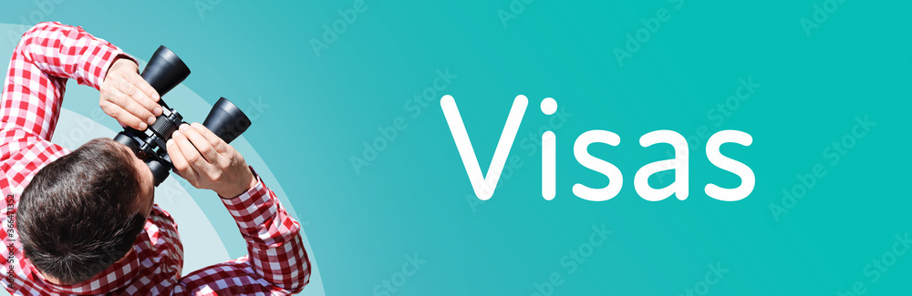 Naklejka premium Visas. Businessman (man) looks through binoculars. Birds eye view. Focus on text. Blue Background. Business, Finance, Statistics, Analysis, Economy