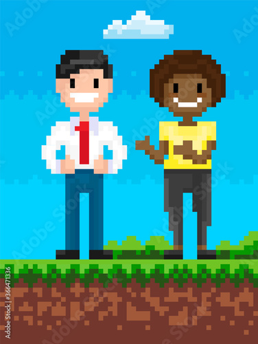 Pixel character vector, man and woman talking and discussing problems, positive personage on nature video game graphics of 8 or 16 bit scenery retro © robu_s