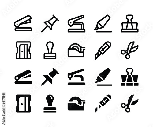 Simple Set of Stationery Vector Glyph and Line Icons including stapler, pushpin, hole puncher, highlighter, clip, sharpener, stamp, tape dispenser, cutter, scissors