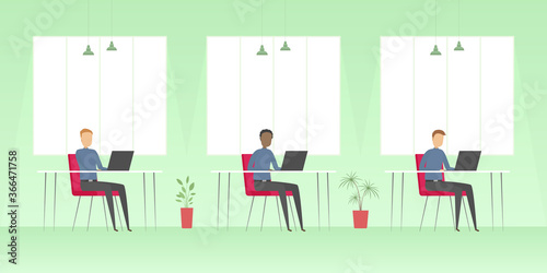 Men working in open plan office. Vector illustration.
