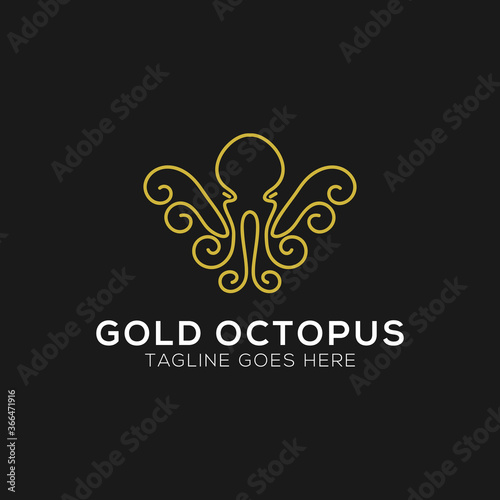 Gold Octopus logo design with line art style. abstract octopus vector illustration