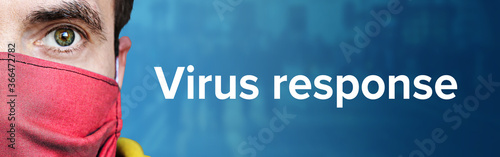 Virus response (Coronavirus). Man wearing face mask (Respirator). Blue background with people. Corona, disease, medicine, health, virus photo