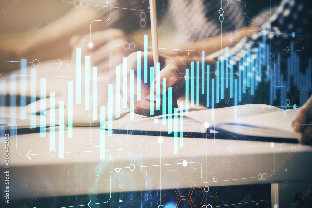 Multi exposure of two men planing investment with stock market forex chart. Multi exposure of two men planing investment with stock market forex chart.