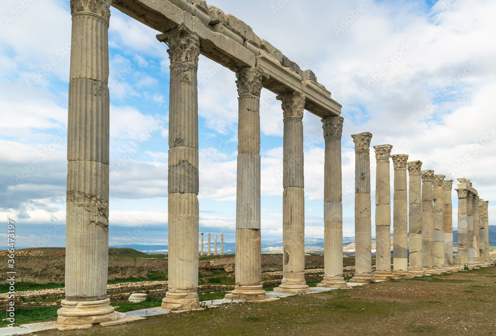 Columns in the ancient city of Hierapolis. A cloudy blue sky on the background of historical pillars.