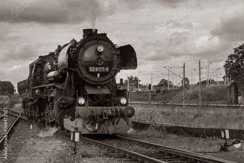 Steam Locomotive, german Steam Locomotive, Steam Locomotive and big Clouds in Background, black and white photo