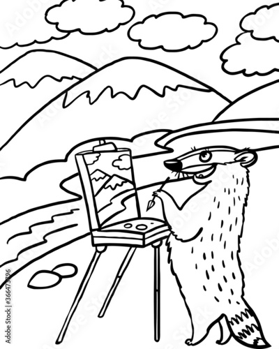 badger draws a landscape, coloring in black and white