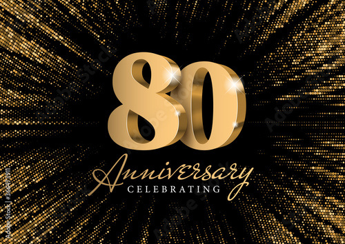 Anniversary 80. gold 3d numbers. Against the backdrop of a stylish flash of gold sparkling from the center on a black background. Poster template for Celebrating 80th anniversary event party. Vector photo