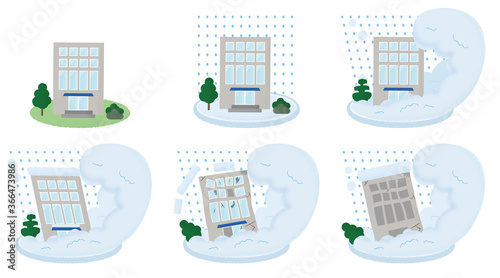 雪崩の被害に遭うビルのベクターイラストセット