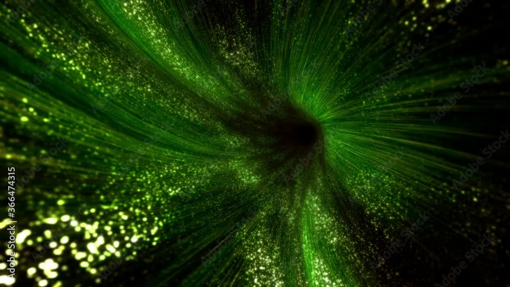 Eternal cycle of nature and Universe in a time tunnel. Twisting green electrical pulses of life through 3D animated particle vortex wormhole loop.