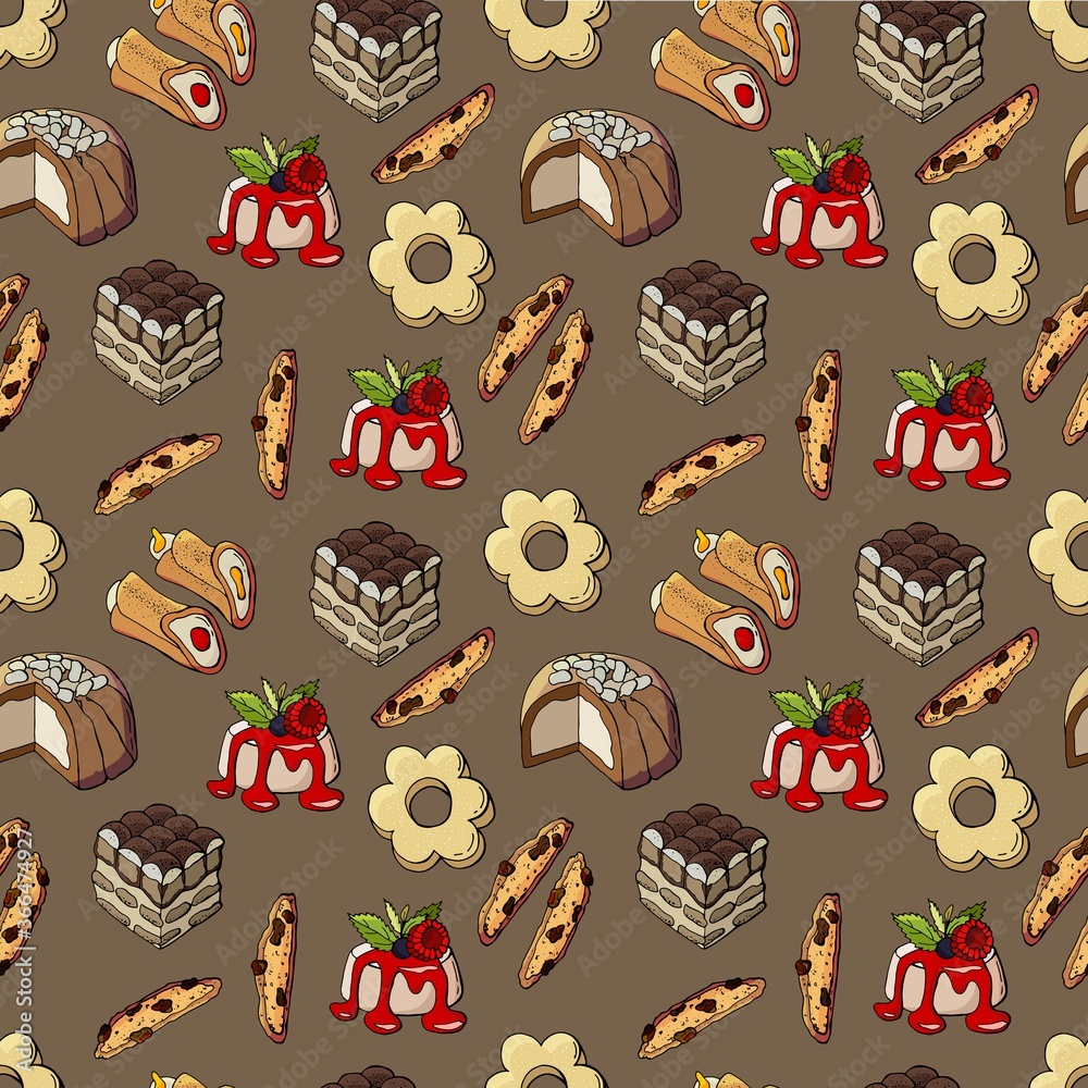 Seamless pattern of italian desserts. Canestrelli, Cannoli, Panna Cotta,  Tiramisu, Zuccotto, Biscotti. For the design of cafe, restaurant,  wallpaper, wrapping paper, packaging. Stock Vector | Adobe Stock
