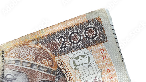 closeup of 200 zloty note. Polish currency isolated on white background.