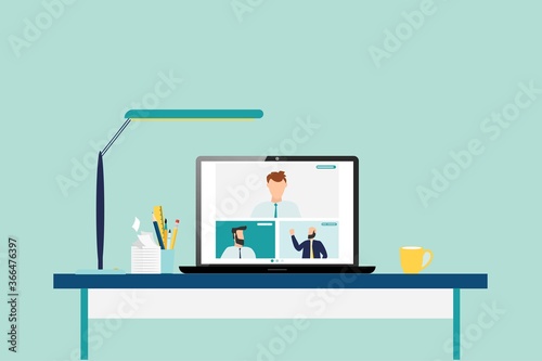 people connecting together, learning or meeting online with teleconference, video conference remote working on laptop computer, work from home and work from anywhere concept, flat vector illustration