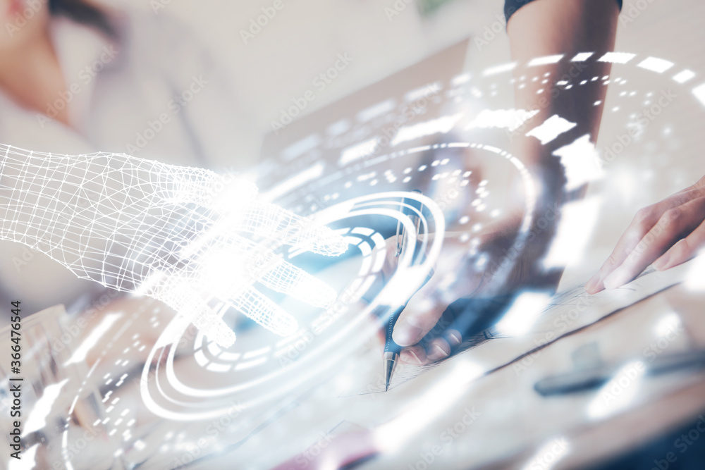 Double exposure of woman's writing hand on background with data technology hud. Big data concept.