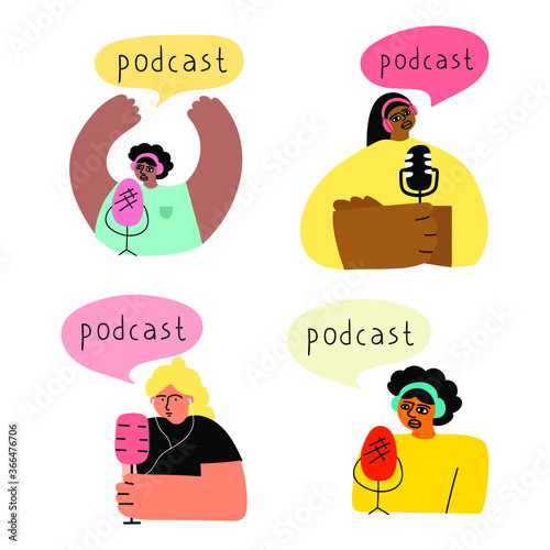 Girls recording podcasts. Set of hand drawn vector illustrations on white background.