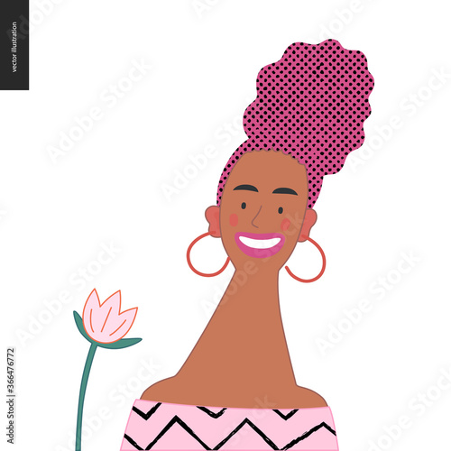 Bright characters portraits - hand drawn flat style vector design concept illustration of an purple haired woman wearing big ear rings, face and shoulders avatar. Flat style vector icon