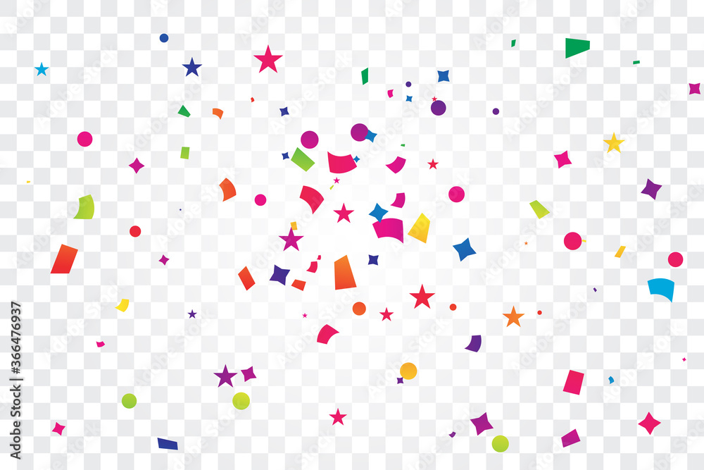 Colorful Confetti And Star Falling On Transparent Background. Grand Opening. Surprise Banner. Vector Illustration Colorful Confetti And Star Falling On Transparent Background. Grand Opening. Surprise Banner. Vector Illustration