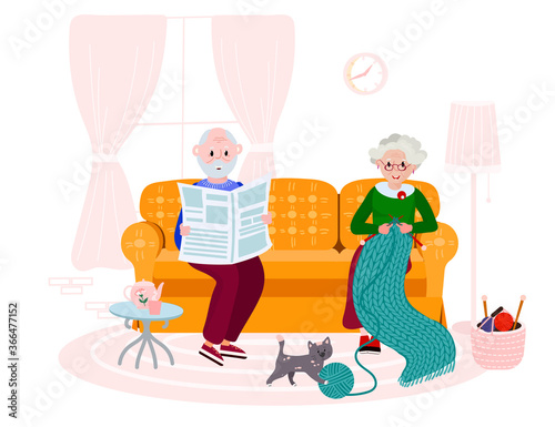 Old couple sitting in room, family time. Senior woman is knitting quilt of yard. Happy aged man is reading news paper. Wife and husband has relaxation hobby.