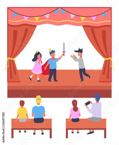 Illustration of school or children s theater production. On stage, the children participate in the play. Parents sit in auditorium, watch performance and take photos. Creative expression of children.