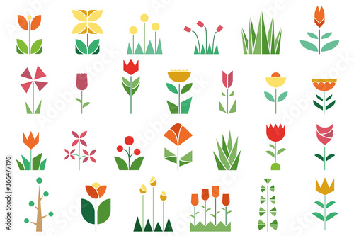 Nature, flora, trees, flowers, plants set in modern style. Abstract, geometric and linear style