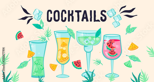 Summer cocktails and smoothie bar banner template for websites and posters. Refreshing drinks with fruit slices in wine glasses, flat vector illustration.