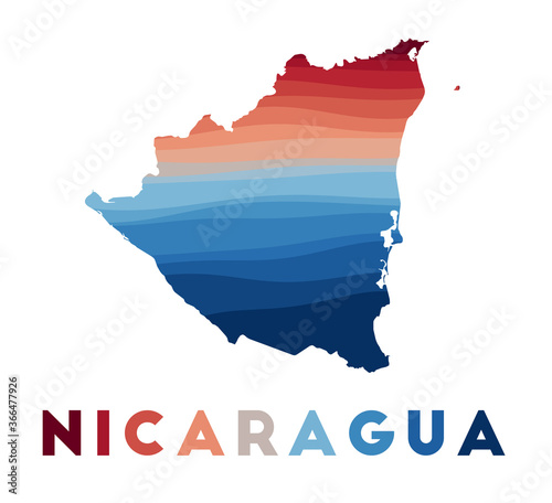 Nicaragua map. Map of the country with beautiful geometric waves in red and blue colors. Vivid Nicaragua shape. Vector illustration.