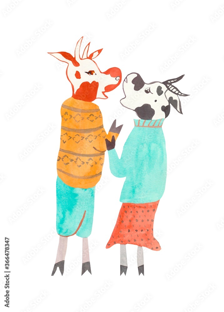 Fototapeta premium Christmas watercolor cows in sweaters. Festive and holiday illustration for the New Year on an isolated white background in orange, red and blue colors. Design for cards, banners, posters.