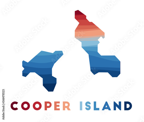 Cooper Island map. Map of the island with beautiful geometric waves in red and blue colors. Vivid Cooper Island shape. Vector illustration.