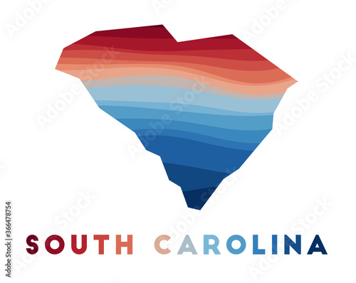 South Carolina map. Map of the US state with beautiful geometric waves in red and blue colors. Vivid South Carolina shape. Vector illustration.