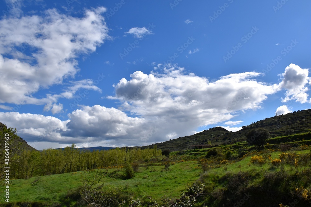 Green meadows with trees, mountains, old corral and blue sky with clouds. Green meadows with trees, mountains, old corral and blue sky with clouds.