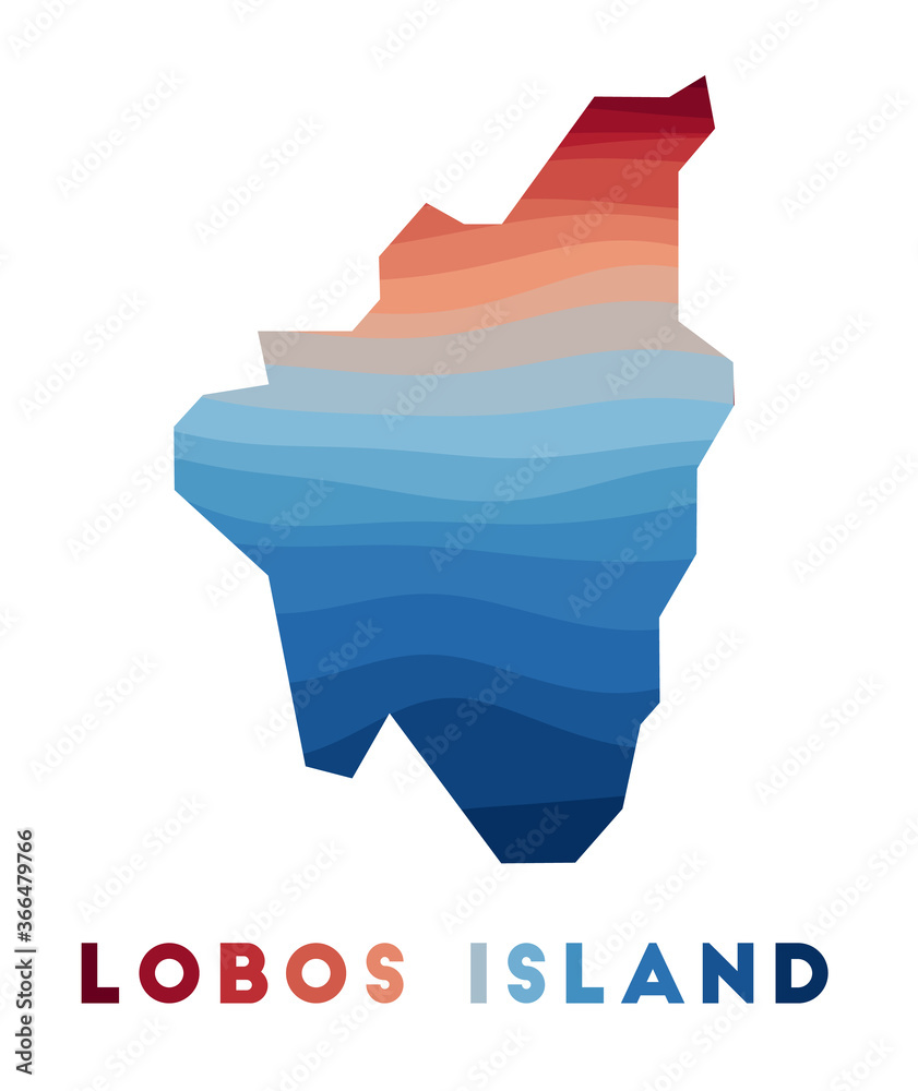 Lobos Island map. Map of the island with beautiful geometric waves in red blue colors. Vivid Lobos Island shape. Vector illustration.