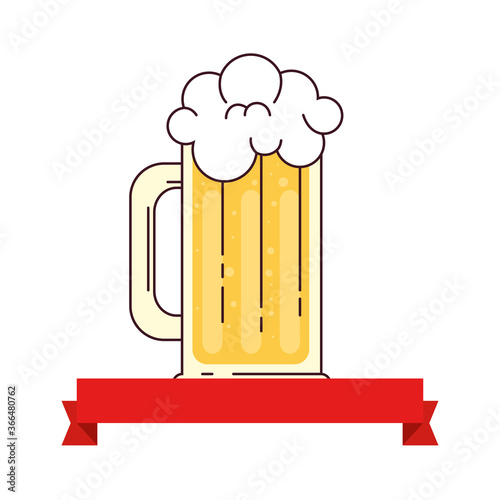 mug of beer with ribbon decoration on white background