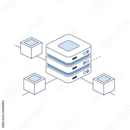 Server cloud network. Vector 3d line isometric, color web icons set, new flat style. Creative illustration, idea for infographics.