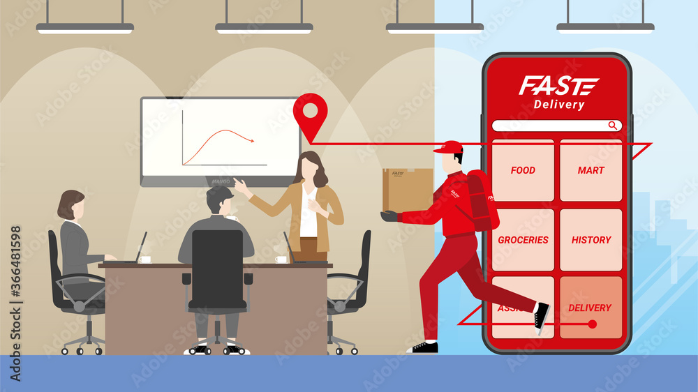 Online shopping and fast delivery concept. Delivery man and parcel box get through a mobile phone application to the customer.
