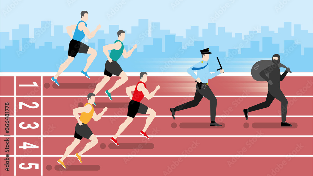 Funny concept. Policeman and thief running faster than runners athlete in the race track.