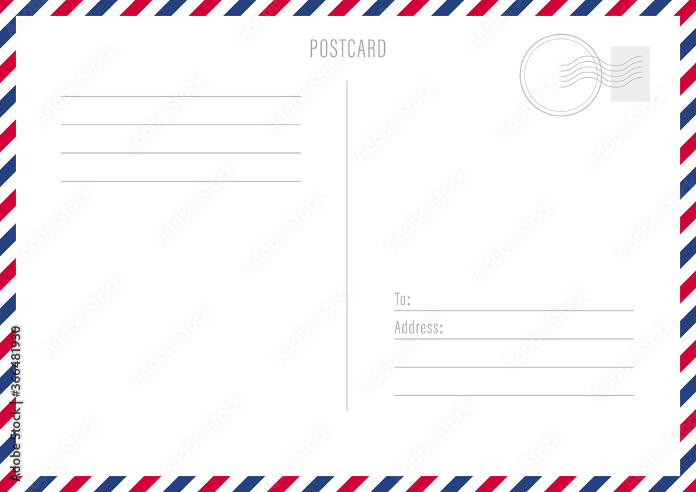 Postcard reverse side template. White sheet with lined text and striped