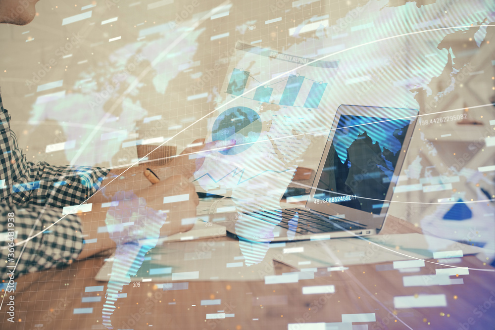 Double exposure of tech drawings with hands working on computer background. Concept of innovation. Double exposure of tech drawings with hands working on computer background. Concept of innovation.