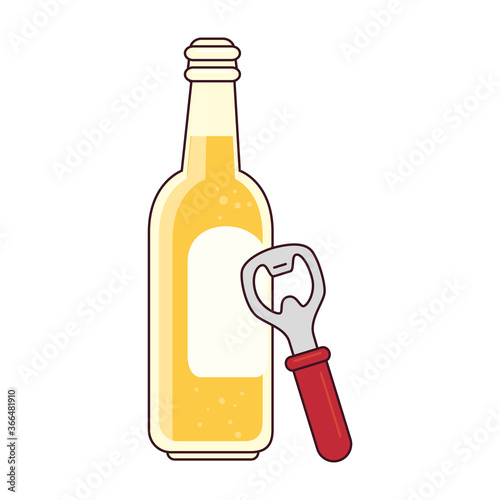 bottle of beer with bottle opener on white background