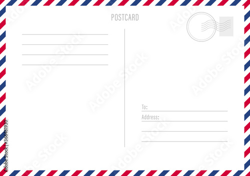Postcard reverse side template. White sheet with lined text and striped border. Vector illustration.